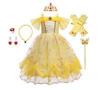 HIHCBF La Bella e La Bestia Costumi di Carnevale Ragazze Vestito da Principessa Belle per Compleanno Natale Festa Halloween Cosplay Cerimonia con Accessori 4-5 anni