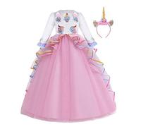 HIHCBF Vestito da Principessa Unicorno Bambina Costume di Carnevale Ragazze Maniche Lunghe Abiti per Compleanno Natale Festa Halloween Cosplay Cerimonia con Cerchietto Rosa 6-7 anni