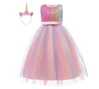 HIHCBF Vestito da Principessa Unicorno Bambina Costume di Carnevale Ragazze Paillettes Abiti per Compleanno Natale Festa Halloween Cosplay Cerimonia con Cerchietto Arcobaleno 8-9 anni