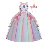 HIHCBF Vestito da Principessa Unicorno Bambina Costume di Carnevale Ragazze Senza Maniche Abiti per Compleanno Natale Festa Halloween Cosplay Cerimonia con Cerchietto Multicolore 4-5 anni