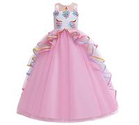 HIHCBF Vestito da Principessa Unicorno Bambina Costume di Carnevale Ragazze Senza Maniche Abiti per Compleanno Natale Festa Halloween Cosplay Cerimonia Nozze Rosa 6-7 anni