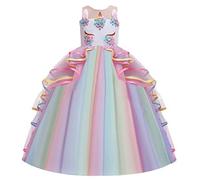 HIHCBF Vestito da Principessa Unicorno Bambina Costume di Carnevale Ragazze Senza Maniche Abiti per Compleanno Natale Festa Halloween Cosplay Cerimonia Nozze Multicolore 8-9 anni