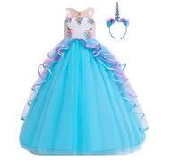 HIHCBF Vestito da Principessa Unicorno Bambina Costume di Carnevale Ragazze Senza Maniche Abiti per Compleanno Natale Festa Halloween Cosplay Cerimonia con Cerchietto Blu 10-11 anni
