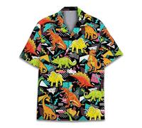 HIHI Global Camicia Hawaiana aliena Neon per Uomo Donna, Camicia aliena abbottonata Manica Corta, Alieno Uomo Hawaiano Camicie, Dinosauro Retro, L
