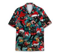 HIHI GLOBAL Camicia hawaiana per le vacanze da uomo e da donna, camicie hawaiane natalizie estive da spiaggia a maniche corte con bottoni, Gatto di Natale 3, M