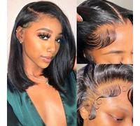 Hihmarm - Parrucca a caschetto con retina frontale in pizzo HD, 33 x 10 cm, capelli umani pre-diradati, senza colla, per donne di colore, densità: 180, attaccatura naturale, 40,6 cm, nero