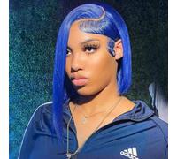 Hihmarm - Parrucca in capelli umani brasiliani pre-diradati con retina frontale in pizzo HD da 33 x 10 cm, bob corto, senza colla, 180%, per donne di colore, attaccatura naturale, 30,5 cm, blu