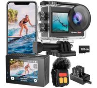 Hiicam WiFi 128G Action Cam 5K 60FPS 40MP Fotocamera Impermeabile Subacquea 40M con EIS, Touch Screen Actioncam Telecamera Sportiva con Telecomando Zoom 5X, 170°, Batteria 2x1350mAh/Accessor