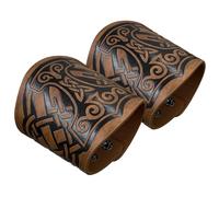 HiiFeuer Bracciale a 2 pezzi in cuoio sintetico con goffratura vichinga, Polsino retrò norreno, Bracciale nordico Mjolnir con motivo Vegvisir. (Mjolnir Marrone)