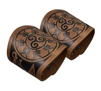 HiiFeuer Bracciale a 2 pezzi in cuoio sintetico con goffratura vichinga, Polsino retrò norreno, Bracciale nordico Mjolnir con motivo Vegvisir. (Vegvisir Marrone)