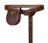 HiiFeuer Cintura ad anello medievale in rilievo con sacca per cintura nordica in rilievo, Set di cintura e marsupio in finta pelle vintage per il GRV(Marrone A)