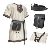 HiiFeuer Tunica Medievale a Righe, con Cintura e Borsa Vintage, Camicia da Cavaliere Rinascimentale, Costume da Pirata Vichingo (Bianco M)