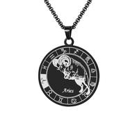 HIJONES Collana Con Ciondolo A Forma Di Moneta Rotonda Della Costellazione Zodiacale da Uomo in Acciaio Inossidabile Collana Amuleto Per Donne E Uomini Nero Ariete