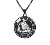 HIJONES Collana Con Ciondolo A Forma Di Moneta Rotonda Della Costellazione Zodiacale da Uomo in Acciaio Inossidabile Collana Amuleto Per Donne E Uomini Nero Acquario