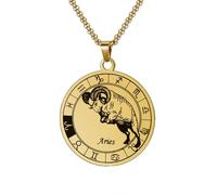 HIJONES Collana Con Ciondolo A Forma Di Moneta Rotonda Della Costellazione Zodiacale da Uomo in Acciaio Inossidabile Collana Amuleto Per Donne E Uomini Oro Ariete
