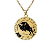 HIJONES Collana Con Ciondolo A Forma Di Moneta Rotonda Della Costellazione Zodiacale da Uomo in Acciaio Inossidabile Collana Amuleto Per Donne E Uomini Oro Toro