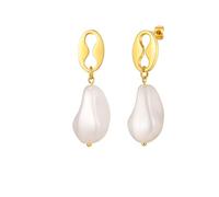 HIJONES Donna Acciaio Inossidabile Orecchini a Bottone con Pendente a Forma di Chicco di Caffè e Charm a Perla Irregolare