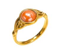 HIJONES Donne Acciaio Inox Anello da Sposa Rotondo con Pietra Incisa Cavo Gioielli Stile Retrò Pietra Arancione d'Oro Taglia 22