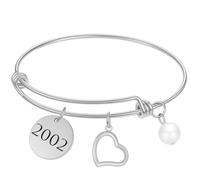 HIJONES Donne Acciaio Inox Bracciale Charms Perla Rotonda Perline Cuore Anno di Compleanno Inciso Argento 2002