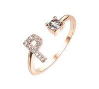 HIJONES Donne Acciaio Inox Rotondo Zircon Lettera Maiuscola Anello Impilabile Regolabile Lettera alfabeto Anello dito Mezzogiorno Gioiello Regali Oro Rosa P
