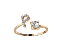 HIJONES Donne Acciaio Inox Rotondo Zircon Lettera Maiuscola Anello Impilabile Regolabile Lettera alfabeto Anello dito Mezzogiorno Gioiello Regali Oro P