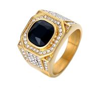 HIJONES Uomo Acciaio Inox Grande Quadrato Agata Occhio di Tigre Gemma Coppia Anello di Nozze Solido Placcato Promessa dito Band Oro Pietra Nera Taglia 25