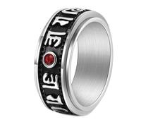 HIJONES Uomo Acciaio Inox Zircon Rosso 6 sei parole sillabiche vere Mantre Anelli Om Mani Padme Hum Banda Rotante Argento Taglia 27
