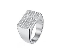 HIJONES Uomo Donne Acciaio Inox Grande Anello da Matrimonio Con Croce E Crocifissione Fascia Quadrata Con Zirconi Cubici Argento Taglia 29