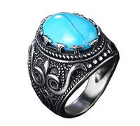 HIJONES Vintage Lusso Ovale Blu Turchese Pietre Anello da Uomo in Acciaio Inossidabile Gotico Intagliato Modello Argento Taglia 22
