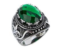HIJONES Vintage Lusso Ovale Smeraldo Pietre Anello da Uomo in Acciaio Inossidabile Gotico Intagliato Modello Argento Taglia 20