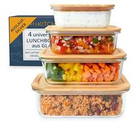 HIKITCHEN® Contenitori in vetro a prova di fuoriuscita come contenitori Meal Prep, set da 4 pezzi, contenitori di alta qualità con coperchio in bambù, contenitori rettangolari