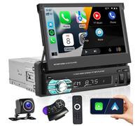 Hikity Autoradio 1 Din con Carplay/Android Auto/Mirror Link(per Android/iOS) Stereo Auto Bluetooth con 7 Pollici Schermo Retrocamera, Manuale Flip Out Touch Screen Radio Auto con FM USB TF AUX SWC