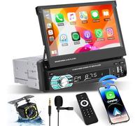 Hikity Autoradio 1 din con Schermo Retrattile, con Senza Fili Carplay e Android Auto, 7 Pollici Radio Stereo a con Vivavoce Bluetooth 2USB Type-C AUX FM Mirror Link Telecamera Retromarcia