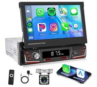 Hikity FM AM Autoradio 1 Din Autoradio Wireless A-pple Carplay Android Auto Radio, 7'' HD Touchscreen Retrattile Manuale Auto Stereo Radio con Telecamera Posteriore, Bluetooth, USB AUX-in Port