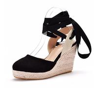 HIKKWXVN Espadrillas con Lacci da Donna Sandali con Zeppa e Punta Chiusa, per Scarpe Eleganti da Spiaggia, Ballo di fine Anno,Nero,37 EU
