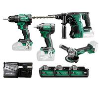 HiKOKI Kit Combinato a Batteria - Trapano Avvitatore, Avvitatore a Impulsi, Smerigliatrice Angolare, Martello Perforatore, 3 Batterie da 5.0Ah, Caricabatterie, Borsa da Trasporto - Potente e Versatile