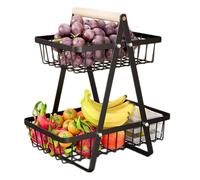 Hikrxya 2 Piani Cesto di Frutta Nero - Alzatina Portafrutta a Ripiani con Manico in Legno - Rimovibile Cesto Portafrutta in Metallo da Tavolo per Pane Verdura Spuntini Cucina Ufficio