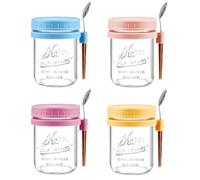 Hikrxya 4 Pezzi Barattoli per Avena con Coperchi e Cucchiai, 480 ml Overnight Oats Jars Meal Prep Contenitori Cucina Contenitore Vetro per Yogurt Marmellata Insalate Frutta Fagioli