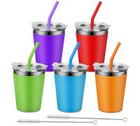 Hikrxya 5 Pezzi Tazza in Acciaio Inox con Coperchi e Cannucce, 350 ml Tazze in Metallo Riutilizzabile, Bicchieri in Acciaio Inox Impilabili con Maniche in Silicone per BambiniAdulti Feste Picnic