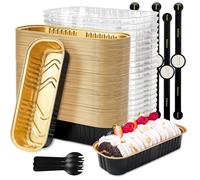Hikrxya Confezione da 60 mini teglie da forno con coperchio e cucchiai, 200 ml, riutilizzabili, rettangolari, in alluminio, con adesivo sigillante, per dessert, pane, matrimoni, picnic, feste di