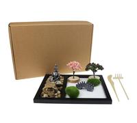 Hilai Kit da Giardino con Sabbia Vassoio per Sabbia Zen Mini Giardino per scrivania Zen con rastrelli, Figure di Buddha e Accessori per la Meditazione Arredamento per Ufficio Stile 1