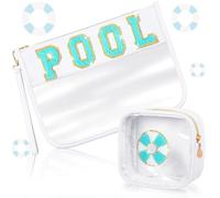 Hillban 2 borse da piscina per trucco cosmetico borsa trasparente per protezione solare articoli da toeletta con cerniera sacchetto spiaggia viaggio estate roba preppy ciniglia lettera patch sacchetto