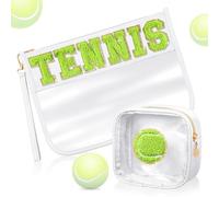 Hillban 2 sacchetti in ciniglia con lettere preppy, borsa per il trucco piatta, trasparente, in PVC, impermeabile, da viaggio, per cosmetici, articoli da toeletta, per donne e ragazze, bianco e verde,