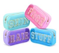 Hillban Set di 4 trousse in ciniglia con lettere in nylon PVC trasparente impermeabile per trucchi e capelli, borsa da viaggio multiuso, organizer per articoli da toeletta, per donne, palestra,