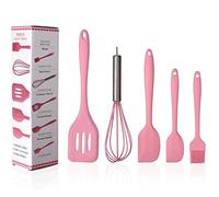 Hillento Silicone Utensili da Cucina Set di Utensili da Cucina in Silicone 5pcs Set spatole Pennello Strumenti di Cottura, Facile da Usare e Pulito, Rosa