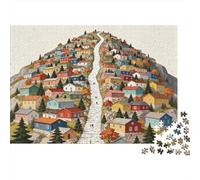 Hillside Village Jigsaw Puzzles 1000Pc Materiale Riciclabile Colorful Houses Anziano Puzzles Impossible Hard Difficult Challenging Educational Game for Men 38x26cm/1000pcs