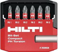 Hilti Set di 7 punte per cacciavite a torsione Phillips (PH) e supporto per punte S-BSC PH 25/1" T, lunghezza: 25 mm, accessori per cacciavite ad alte prestazioni professionali per cacciavite inserto