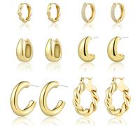 HILXURY Set di 6 paia di orecchini a cerchio da donna, placcati in oro 14 carati, ipoallergenici, leggeri, intrecciati e aperti, per regali di Natale/compleanno., Ottone, Cristallo