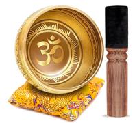 Himalayan Bazaar - Set di campane tibetane, facile da suonare, design Om per meditazione, suono, chakra, yoga, guarigione, 10 cm, colore: oro e giallo