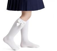 Himcus 3 paia di calzini al ginocchio per ragazze, in cotone, lunghezza scuola, senza cuciture, comodi, tinta unita, per bambini e bambine, con nastri e fiocco, 5 pezzi di colore bianco., 1-3 Years